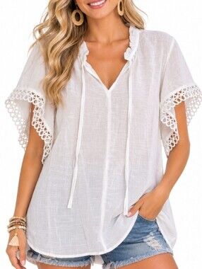 White Crochet Sleeve Peasant Blouse Semi Sheer 2X Cottagecore